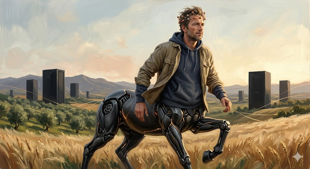 Promptauro: centauro mitad humano mitad máquina sobre un paisaje híbrido de campos y data centers